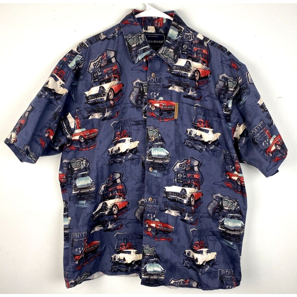 North River Mens L Large Vtg Route 66 1950s‎ Cars Casual Summer Shirt Classics